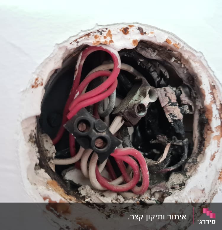 חוטי חשמל אדומים ולבנים בתוך קופסת חיבורים